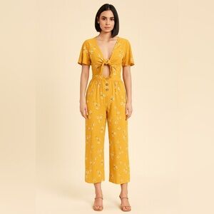 Mimi Chica Mustard Floral Tie-Front Jumpsuit – Size XS
